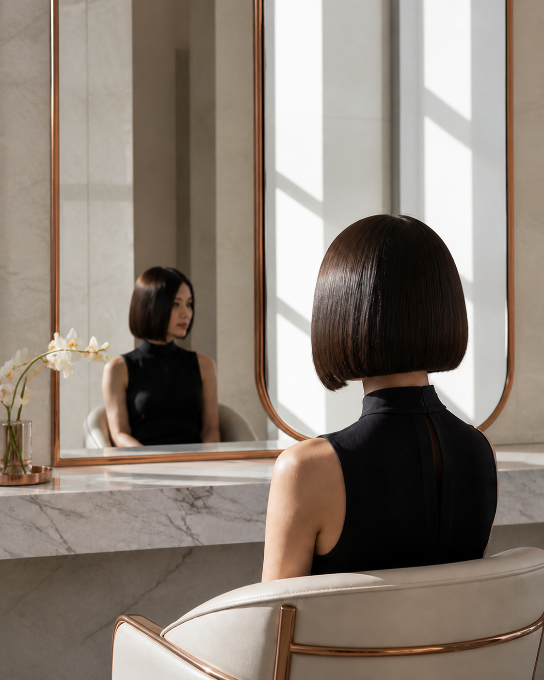A glossy bob reflected in a sunlit salon mirror