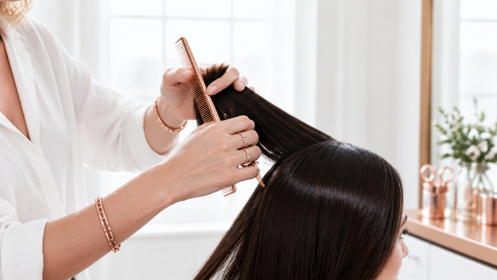 Stylist shaping glossy hair with a rose-gold comb in a bright salon studio