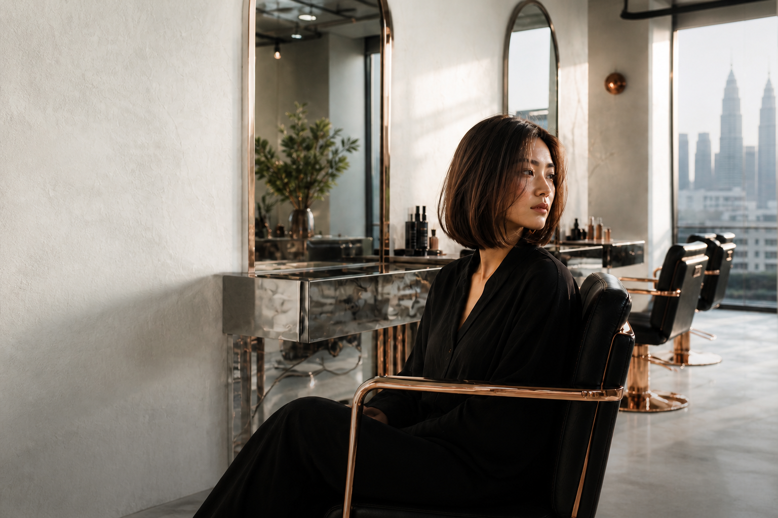 A woman seated in a bright, calm hair studio